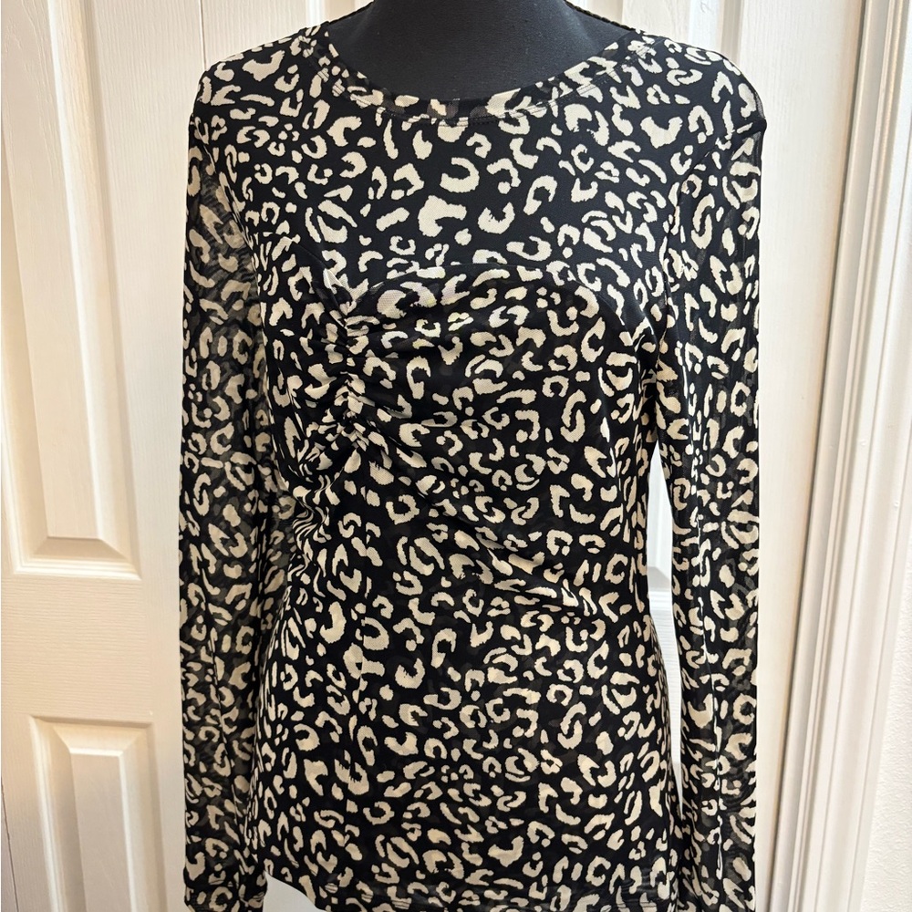 CAbi Black and Cream Leopard Print Top